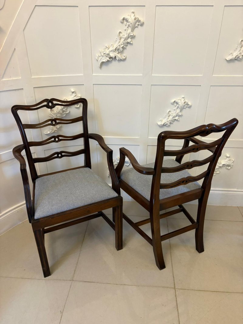 Antique Set of 12 Mahogany Chippendale Style Ladder Back Dining Chairs – 10 Singles & 2 Carvers - Image 3